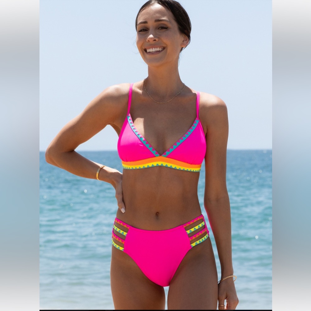Popvil Triangle Side Strappy Hotpink Bikini Set
